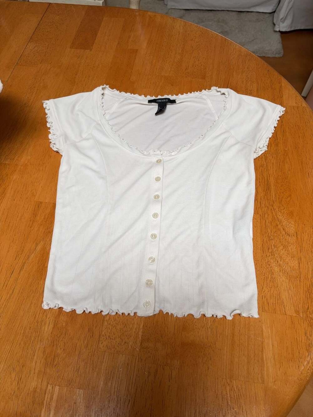 Forever 21 White Ribbed Lettuce Edge Button-Down Top
